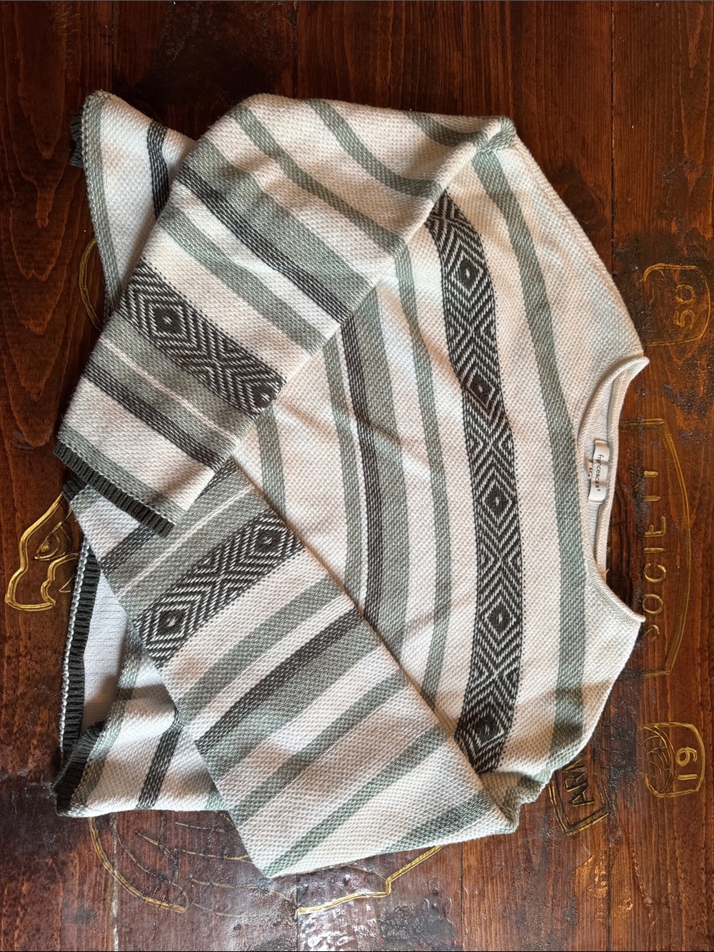 Francesca's Collections Striped Crewneck Sweater in White and Gray-Green